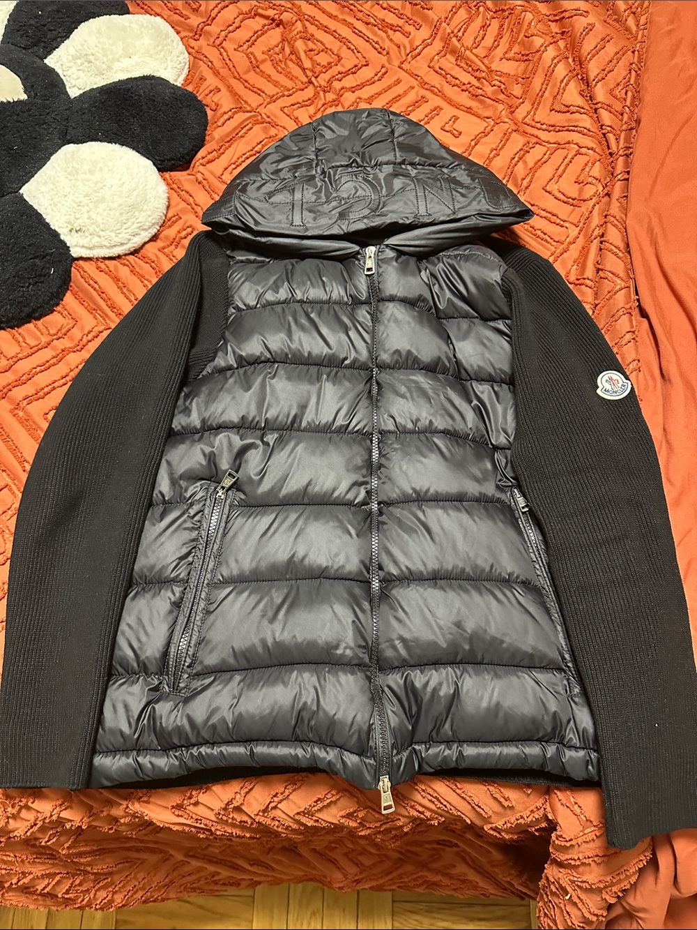 Moncler Black Quilted Hooded Puffer with Knit Sleeves